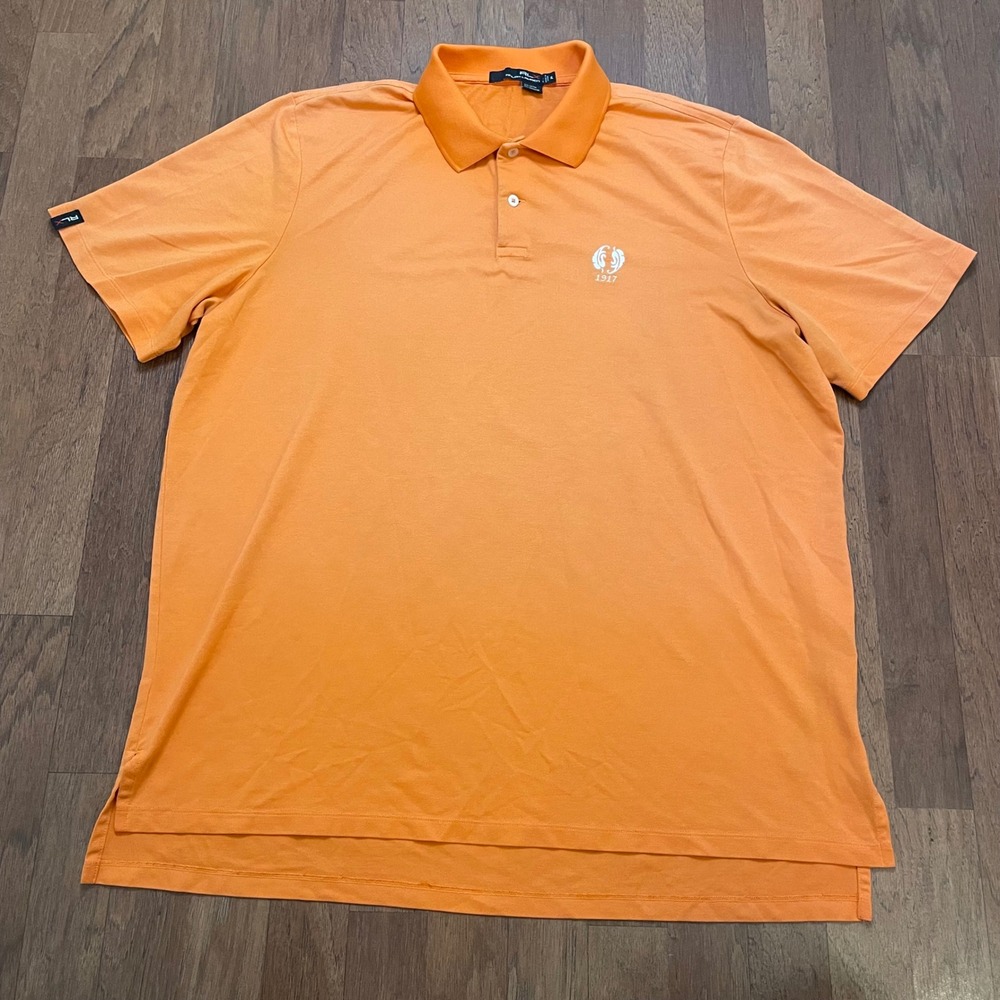 RLX Ralph Lauren Mens Orange Performance Pique Polo Shirt XL 1917 Crest Logo